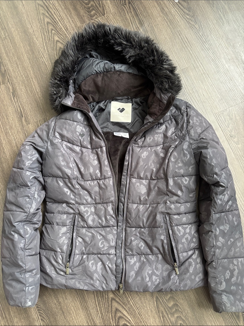 Obermeyer Bombshell Ski Jacket Black Leopard Print with Faux Fur